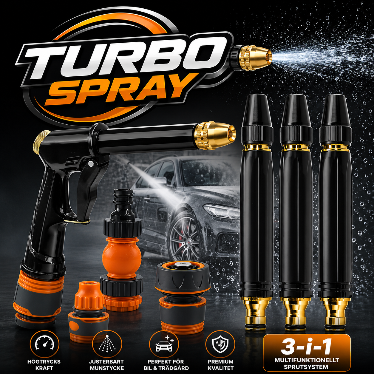 Turbo Spray - ett mekaniskt, högpresterande sprutesystem som drivs helt utan el genom att utnyttja det befintliga vattentrycket från din trädgårdsslang.